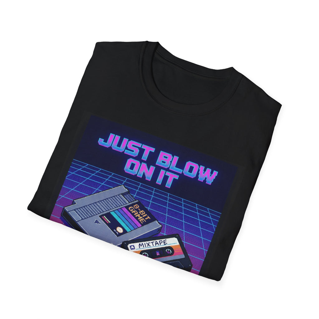 Retro 'Just Blow On It' T-Shirt — Vintage Cassette & Cartridge Gaming Tee