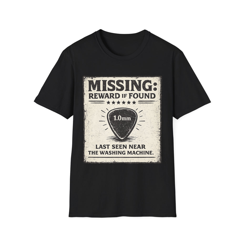 T-Shirt — "Missing: Reward If Found" Guitar Pick (1.0mm) Funny Musician Tee