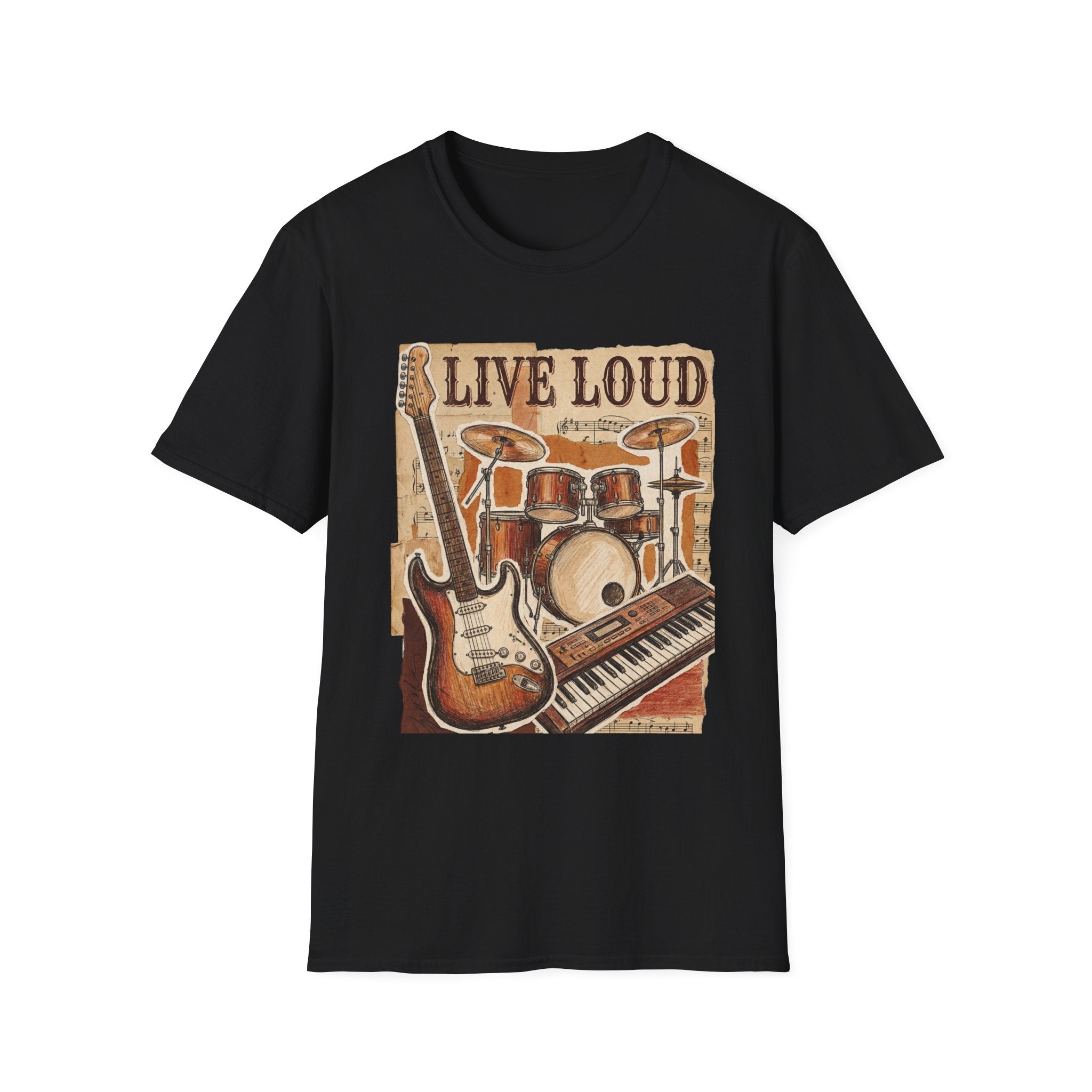 Live Loud Band T-Shirt — Vintage Guitar, Drums & Keyboard Music Tee