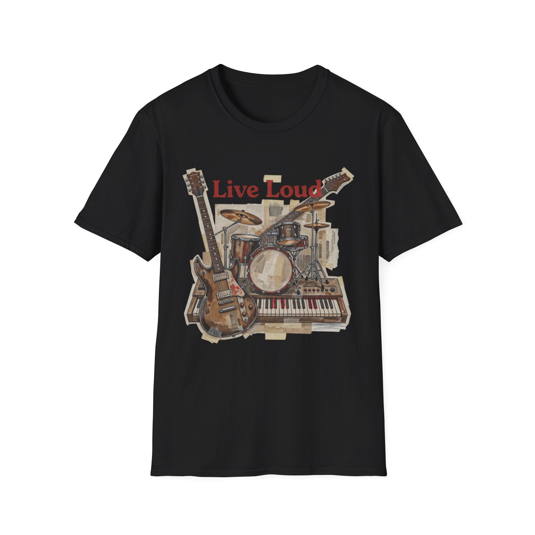 Live Loud Band T-Shirt — Guitar, Drums & Keyboard Music Tee