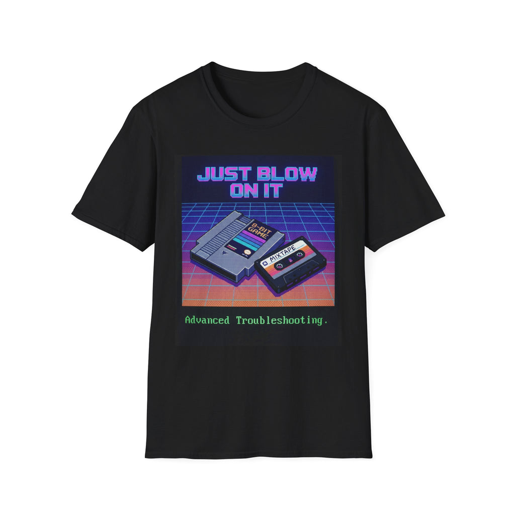 Retro 'Just Blow On It' T-Shirt — Vintage Cassette & Cartridge Gaming Tee