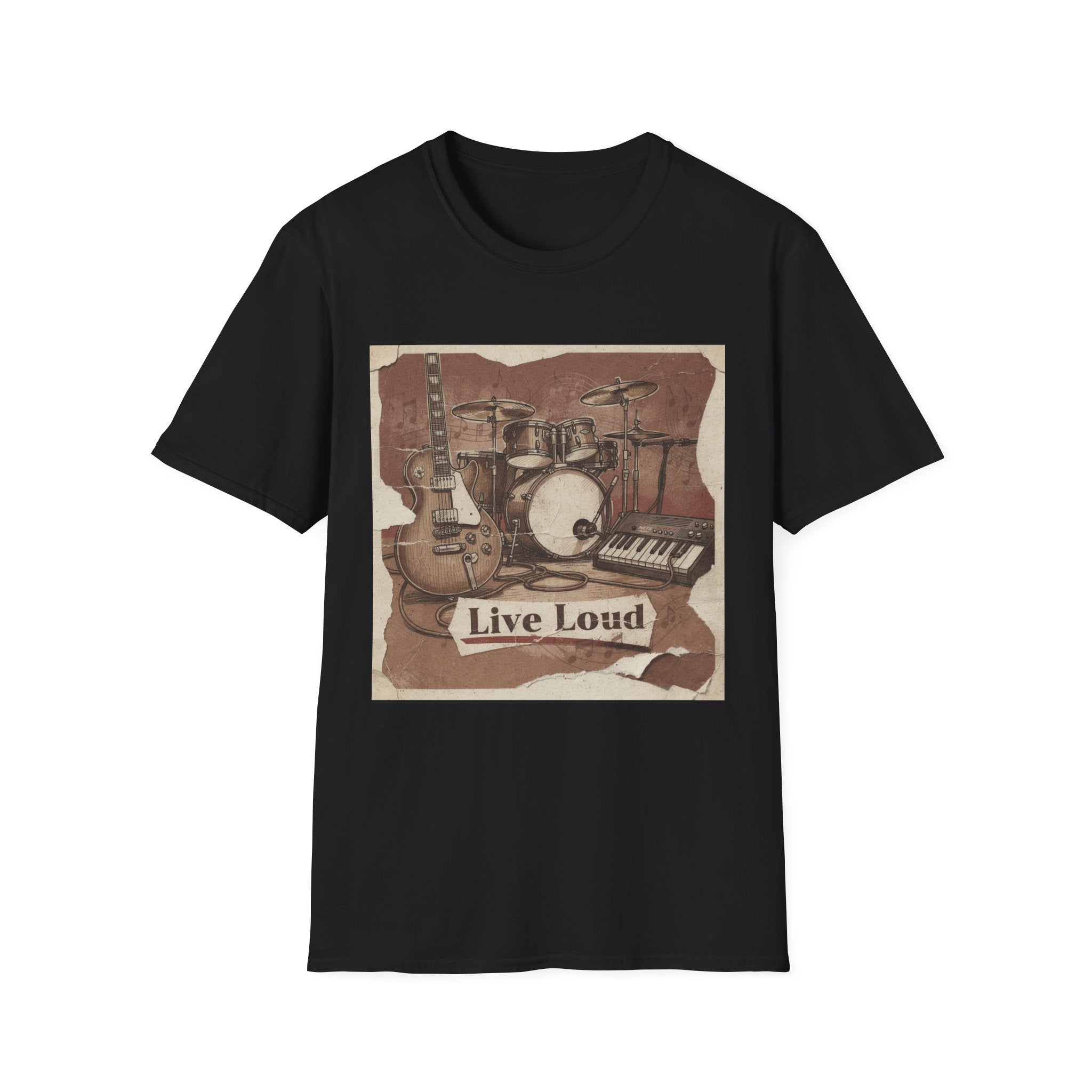Live Loud Band T-Shirt — Vintage Music Guitar Drum Keyboard Tee