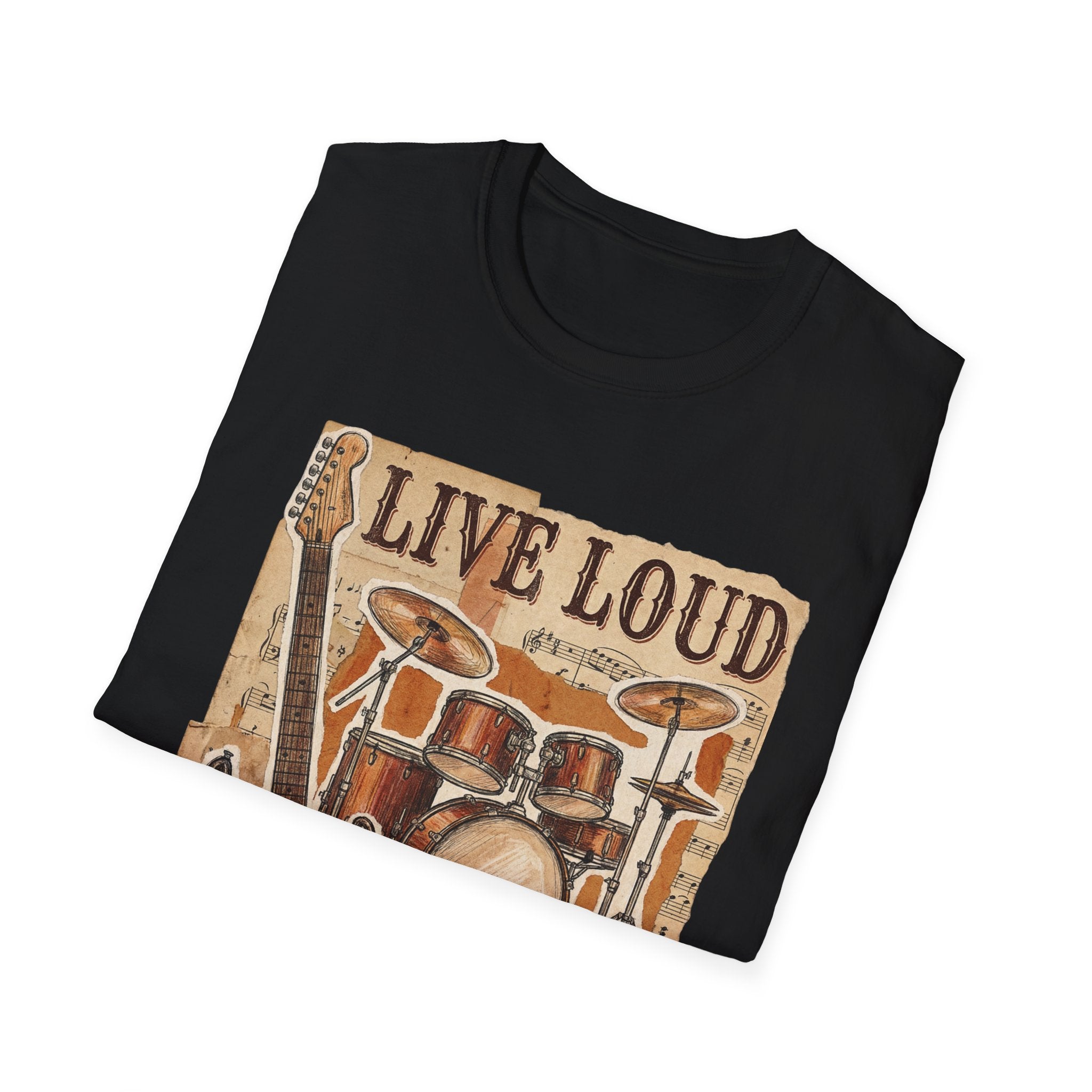 Live Loud Band T-Shirt — Vintage Guitar, Drums & Keyboard Music Tee